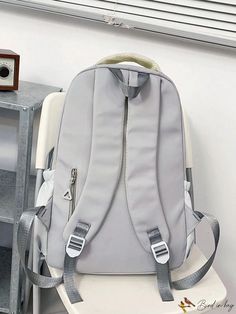 BirdinBag - Classic Backpack with Letter Patch & Decorative Buckle - Perfect for School, College, and Outdoor Activities Style Preppy, Word Wrap, Classic Backpack, Outdoor Activities, Color Blocking, 4 Inch, Gray Color, Bag Lady, Buckle