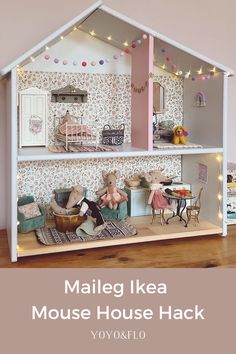 An Ikea doll’s house transformed into a Maileg mouse house Ikea Doll House Shelf, Maileg Mice House Diy, Ikea House Shelf, Dolls Houses Ideas, Ikea Flisat Dollhouse Maileg, Ikea Dollhouse Maileg Mice, How To Paint A Doll House, Maileg Dolls House, Ikea Doll House Hack