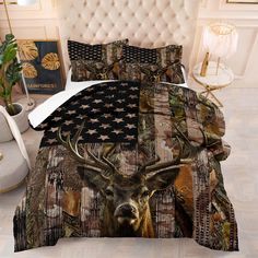 a bed with a deer head on it