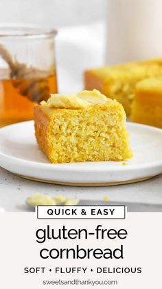 a close up of a piece of cake on a plate with the text quick and easy gluten - free cornbread