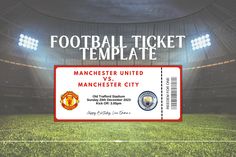 the manchester united football ticket is in front of an empty soccer field