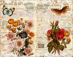 an open book with flowers and butterflies on it's pages, which have been altered to look like old newspapers