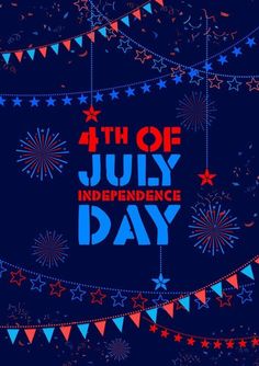 the fourth of july independence day with fireworks and buntings on dark blue background