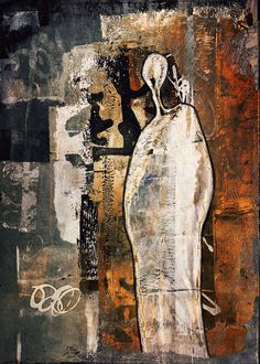 an abstract painting of a person standing in front of a wall