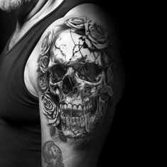 Black and white skull and rose tattoo design with intricate shading and textures, symbolizing beauty and mortality. Skull And Rose Tattoo Design, Skull And Rose Tattoo, Black And White Tattoo, Deeper Meaning, Rose Tattoo Design, White Tattoo, Rose Tattoo