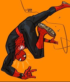 a drawing of a spider - man doing a handstand on an orange background