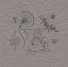 an artistic drawing on paper with flowers and umbrellas