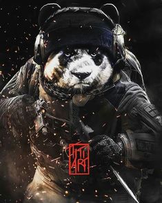 a panda bear wearing a helmet and holding a knife in his hand with fire coming out of its mouth