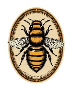 a yellow and black bee sitting on top of a white circle with an ornate border around it