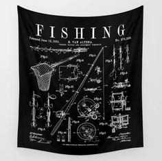 a black and white wall hanging tapestry with fishing gear on the front, fishing