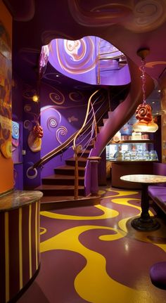 the interior of a fancy restaurant with purple and yellow designs on the walls, stairs and tables