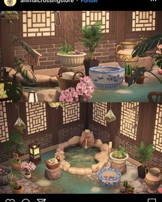 an animated image of a garden with flowers and potted plants on display in two separate screens