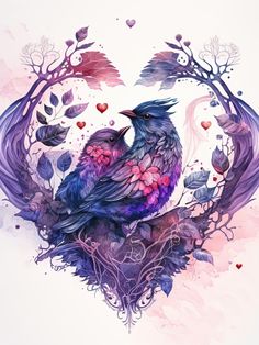 a bird sitting on top of a tree filled with leaves and flowers in the shape of a heart