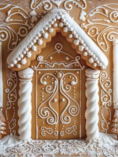 Elegant Gingerbread House Door Backdrop - Beautifully decorated gingerbread house door backdrop featuring intricate white icing designs Template For Gingerbread House, Gingerbread House Roof Designs, White Icing Gingerbread House, Gingerbread Mansion Template, Gingerbread House Landscape Ideas, Gingerbread Icing Design, Gingerbread House Office Door, Gingerbread House With Candy, Ginger Bread Decor Ideas