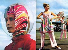 Pucci was most recognized for his trademark colorful psychedelic prints. He also contributed to other '60s trends like the palazzo pant suit and headscarf. Braniff Airlines, Bubble Helmet, Fashionable Hostess, Stewardess Uniform, Space Helmet, Beauty Print, Airline Uniforms, Classic Illustration, Pucci Vintage