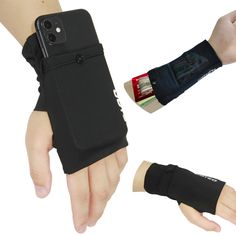 two hands with wrist and arm sleeves holding an electronic device in one hand while another holds the other