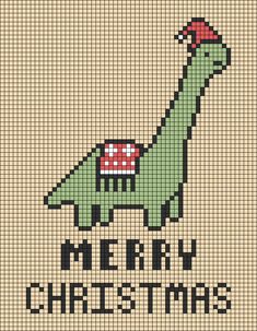 a cross stitch christmas card with a green dinosaur