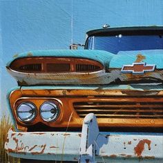 an old, rusty chevrolet truck is shown in this artistic painting by the artist jeff miller