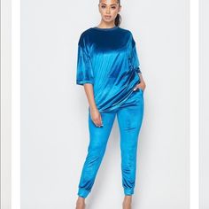 Loose Fitting Top & Joggers Style Pants , Light Weight Velvet Material, Stretchy & Comfortable. Sz Large 12/14 14/16. M10/12. 12/14 Blue Two-piece Pant Set For Spring, Loungewear Two-piece Pants Set, Blue Two-piece Party Bottoms, Blue Fitted Sets With Long Pants, Blue Two-piece Sets For Party, Blue Two-piece Party Set, Blue Fitted Two-piece Set, Blue Two-piece Pants Set For Summer, Blue Loungewear Sets With Long Pants