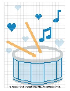 a cross stitch pattern with musical notes and a drum in the middle, on a white background