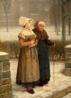 two women standing in the snow, one holding a cane and the other looking at something