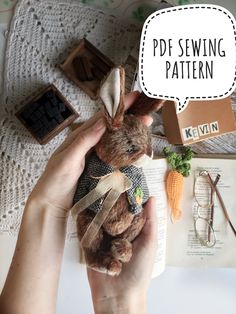 a person holding a stuffed animal in their hand with a speech bubble above it that says pdf sewing pattern