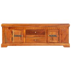 a wooden entertainment center with two doors and drawers