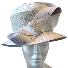 Elevate Your Fashion Game With This Stunning Church Hat From Swan Hat. This Dressy Piece Is A Must-Have For Any Lady Attending A Wedding, Party, Cocktail Or Any Formal Occasion. The Hat Is Made Of 100% Polyester, Making It Lightweight And Perfect For Any Season - Winter, Summer, Fall, Or Spring. The Hat Is Adorned With A Satin Ribbon, Strap, Bow, And Rhinestones To Add A Touch Of Elegance To Your Outfit. The 22.5-Inch Size Of The Hat Is Adjustable To Fit Comfortably On Your Head, And Its Vintage Luxury Fitted Sinamay Top Hat, Elegant Fitted Cloche Hat For The Beach, Silver Hat For Church In Spring, Fitted White Cloche Hat For Beach, White Cloche Hat For Spring Party, White Fitted Cloche Hat For Beach, White Spring Cloche Hat For Party, White Fitted Cloche Hat For Formal Occasions, Elegant Fitted Cloche Hat For Spring