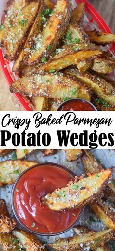 crispy baked parmesan potato wedges with ketchup on the side