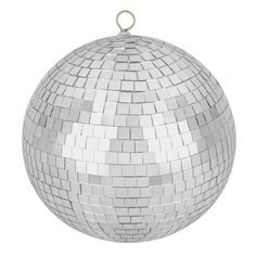 a shiny silver disco ball ornament hanging from a chain on an isolated white background