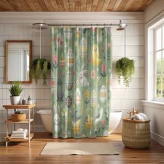 a bathroom with a tub, sink and shower curtain in it's center area