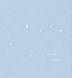 several birds flying in the sky with white dots