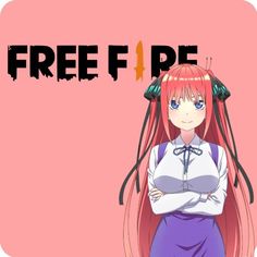 an anime character with long red hair standing in front of a pink background that says free p