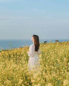 a woman standing in a field of yellow flowers