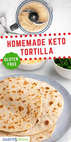 homemade keto tortilla recipe on a plate with ingredients to make it in the background