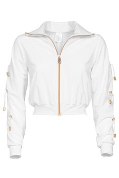 If you're looking for an eye-catching tracksuit, Fitcy has you covered. This tracksuit jacket features a front zip fastening, long-length sleeves, and cuffs - ensuring you'll turn heads on the street. This tracksuit jacket features a unique design with decorative elastics with golden details that allow the sleeves to be worn tightly together to create a shorter sleeve look. Featuring a collar and fit cut. Made of premium ECONYL® yarns for extra comfort and durability. Pairs perfectly with the El Luxury Tracksuit, Tracksuit Jacket, Compression Fabric, Tracksuit Set, Tracksuit Women, Tracksuit Bottoms, Recycled Fabric, Long Length, Luxury Designer