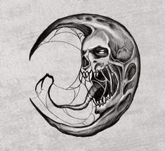 a black and white drawing of a moon with a skull on it's face