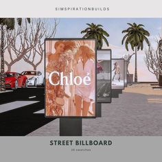 an advertisement for street billboards with cars parked in the background