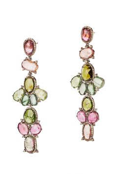 Rhodium finished silver champagne diamond and watermelon tourmaline mosaic dangle earrings. 14k gold post. {Earrings measures approximately 3'' in length} TOURM - 36.32 CT DIA - 2.52 CT Luxury Gold Tourmaline Earrings, Watermelon Tourmaline Bracelet, Pink Tourmaline Dangle Jewelry, Watermelon Tourmaline Earrings, Watermelon Tourmaline Ring, Watermelon Tourmaline, Champagne Diamond, Post Earrings, Tourmaline