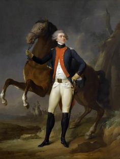 a painting of a man in uniform standing next to a horse and holding the reins