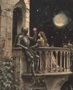 a man and woman sitting on top of a balcony next to each other under a full moon