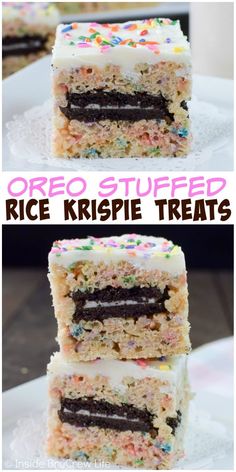 two pictures of rice krispie treats stacked on top of each other with the words, oreo stuffed rice krispie treats