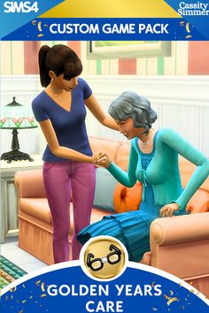 the golden years care package includes two women in blue and purple outfits, one holding hands with