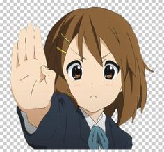 an anime character with long hair and brown eyes, holding her hand up in the air