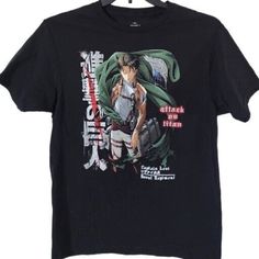 Show Off Your Love For Attack On Titan With This Black T-Shirt Featuring Captain Levi Of The Scout Regiment. Made From Lightweight Cotton Material, This Regular Fit Shirt Is Perfect For All Seasons. The Shirt Comes In Size Medium With A Solid Pattern And Short Sleeves, Complete With A Crew Neckline And Levi's Logo As Accents. This Vintage T-Shirt Is Perfect For Any Anime Or Manga Fan And Is An Easy-Care Item. It's Made In Mexico And Is Brand New Without Tags. Don't Miss Out On This Opportunity T Anime Print Band Merch Crew Neck Top, Anime Print Crew Neck Top Band Merch, Black Casual Top With Anime Print, Casual Black Top With Anime Print, Black Anime Print Crew Neck Top, Black Crew Neck Top With Anime Print, Black Anime Print Shirt With Crew Neck, Black Crew Neck Shirt With Anime Print, Scout Regiment