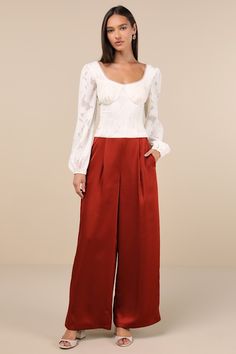 The Lulus Stunning Chicness Rust Red Satin High-Rise Wide-Leg Pants will easily elevate any of your favorite fall 'fits! Sleek woven satin shapes these must-have pants that feature a high, banded waist (with elastic at the back for fit) and trendy, wide pant legs with pleated details, side seam pockets, and full-length hems. Hidden side zipper/clasp. Add a sweater and some boots and you'll instantly have a perfect ensemble! Fit: This garment fits true to size. Length: Floor length. Size medium I 1940s Womens Pants, Colored Pants Outfits, Pant Outfits For Women, Fall Pants, Color Pants, Satin Pants, Pants Outfits, Fall Fits, Pants Large