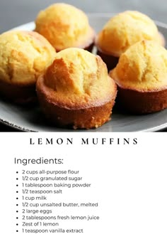 lemon muffins on a plate with instructions for how to make them