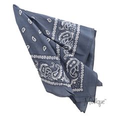 a blue bandana with white paisley on it