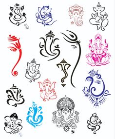 an assortment of different colored and black designs on a white background, including ganeshi