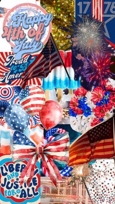 an american flag collage with fireworks, balloons, and other patriotic items in the background